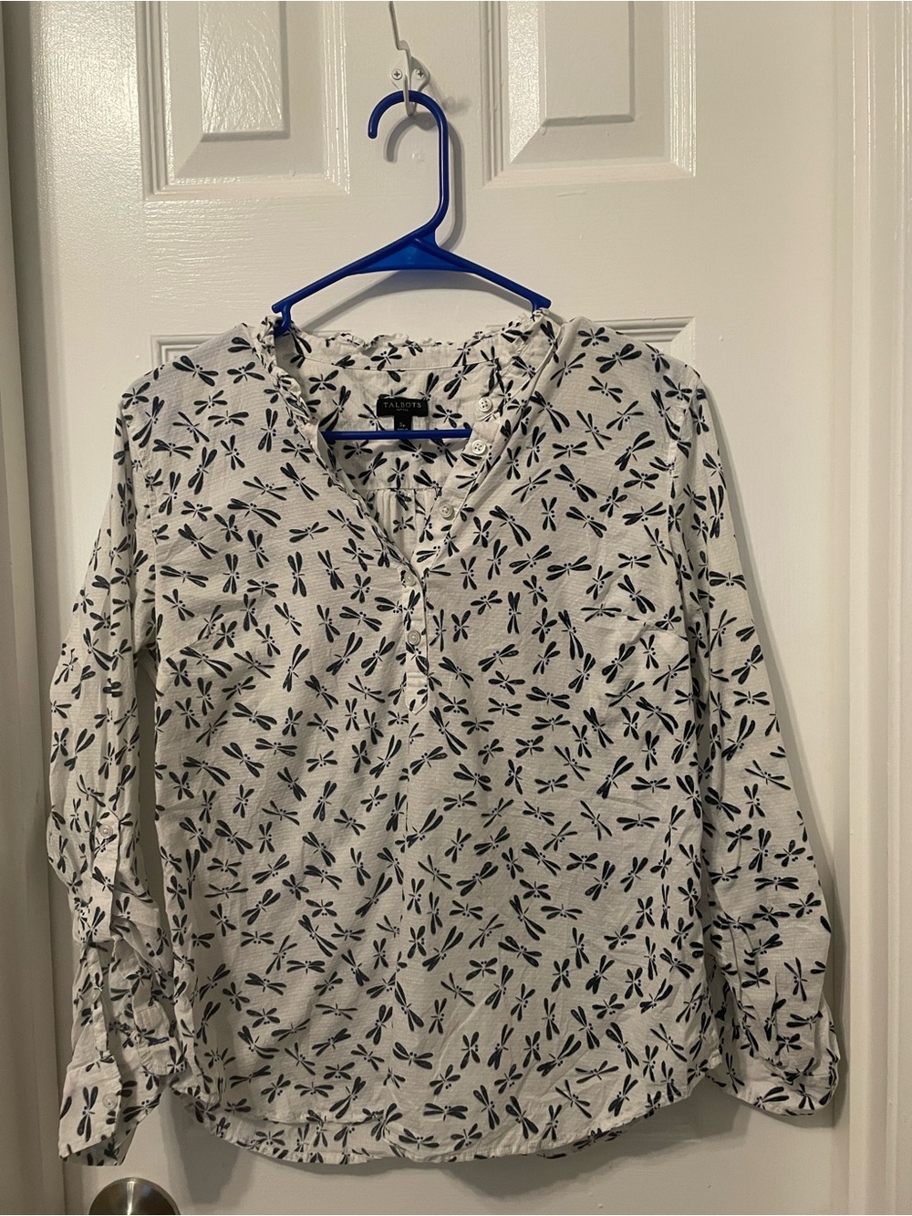 Talbots White Blouse with Navy Dragonfly Pattern